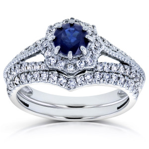 Sparkling Yaffie Sapphire Bridal Set with Diamond Star Halo in White Gold (1/2ct TDW)