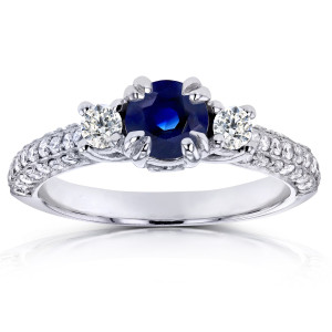 Sapphire & 1/2ct Diamond 3 Stone White Gold Engagement Ring by Yaffie