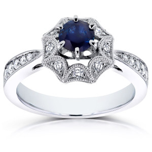 Milgrain Yaffie Sapphire & Diamond Engagement Ring in White Gold - 1/4ct TDW
