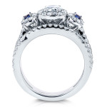 Sapphire and Diamond Three Stone Bridal Set with White Gold Halo by Yaffie, 1ct TDW