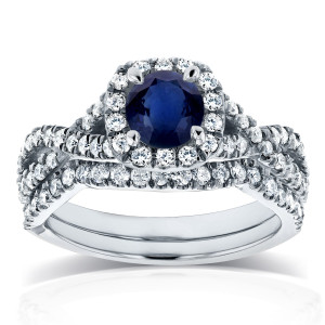 Elegant White Gold Bridal Set with Sparkling Sapphire and 3/4ct TDW Diamond Crossover Halo