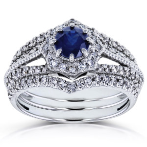 White Gold Sapphire and Diamond Halo Bridal Trio - Yaffie