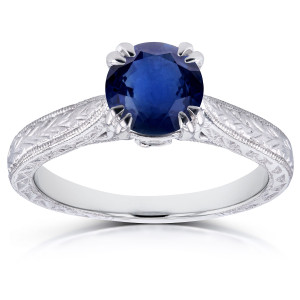 Vintage Engraved White Gold Ring with Sapphire and Diamonds for Engagement by Yaffie