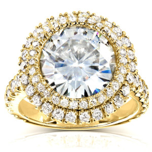 Sparkling Yaffie Gold Moissanite and Diamond Ring with Double Halo in Sizeable 5 7/8ct TGW
