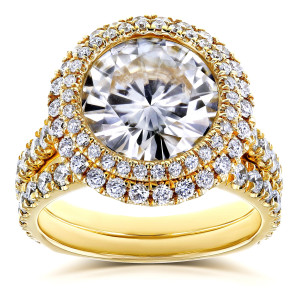 Stunning Yaffie Gold Bridal Set with 6 1/3ct TGW Forever One G-H-I Moissanite and Diamond in Double Halo Design