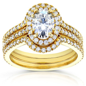 Gold Oval Diamond Halo Bridal Rings Set with 1.6ct TDW