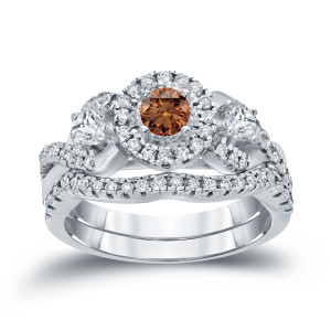 Braided Brown Diamond Halo Bridal Ring Set with Yaffie 3/4ct TDW