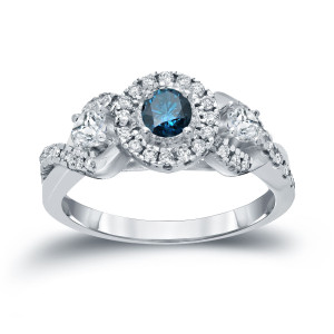Blue Diamond Halo Engagement Ring with Yaffie 3/5ct Sparkle