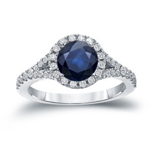 1.5ct Blue Sapphire & .5ct TDW Diamond Halo Engagement Ring - Yaffie Gold