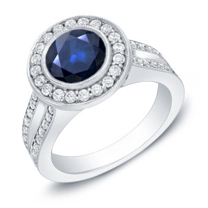Sparkling Blue Sapphire and Diamond Halo Engagement Ring with Yaffie Gold Accent, 1.5ct Sapphire and 0.6ct TDW Diamonds
