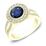 Sparkling Blue Sapphire and Diamond Halo Engagement Ring with Yaffie Gold Accent, 1.5ct Sapphire and 0.6ct TDW Diamonds