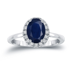 Blue Sapphire & Diamond Halo Engagement Ring - Yaffie Gold, 1 1/2ct Oval & 1/8ct TDW