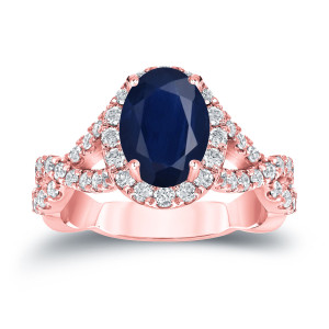 Gold Ring with Blue Sapphire and Diamond Halo - 1 1/2ct Oval Sapphire and 3/5ct TDW Diamonds