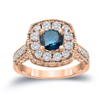 Blue Round Diamond Halo Engagement Ring - Yaffie Gold, 1.5ct Total Diamond Weight