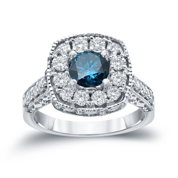 Blue Round Diamond Halo Engagement Ring - Yaffie Gold, 1.5ct Total Diamond Weight
