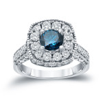 Blue Round Diamond Halo Engagement Ring - Yaffie Gold, 1.5ct Total Diamond Weight