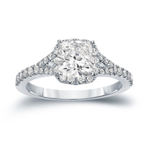 Certified Cushion Cut Diamond Halo Engagement Ring with 1 1/2ct TDW in Yaffie Gold