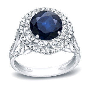 Blue Sapphire and Diamond Halo Ring with a Touch of Yaffie Gold (1 1/4ct and 1/2ct TDW)