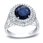 Blue Sapphire and Diamond Halo Ring with a Touch of Yaffie Gold (1 1/4ct and 1/2ct TDW)