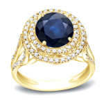 Blue Sapphire and Diamond Halo Ring with a Touch of Yaffie Gold (1 1/4ct and 1/2ct TDW)