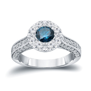 Blue and White Diamond Halo Engagement Ring with Yaffie Gold 1 3/4ct TDW