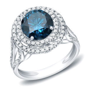 Blue Diamond Double Halo Engagement Ring by Yaffie Gold - Sparkling 1.75ct