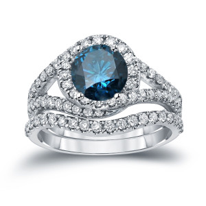 Sparkling Yaffie Gold Blue Diamond Halo Bridal Ring Set with 1.875ct TDW Round Cut