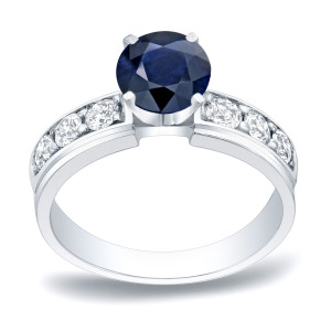 Blue Sapphire & Round Diamond Engagement Ring with Yaffie Gold 0.5ct Each.