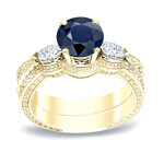 Blue Sapphire and Round Diamond Engagement Ring with 1/2ct and 1/3ct TDW in Yaffie Gold