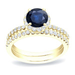 Blue Sapphire and Round Diamond Bridal Ring Set with 1/2ct and 3/4ct TDW in Yaffie Gold