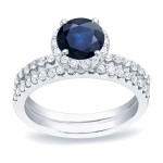 Blue Sapphire and Round Diamond Bridal Ring Set with 1/2ct and 3/4ct TDW in Yaffie Gold