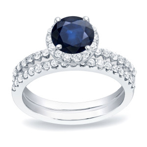 Blue Sapphire and Round Diamond Bridal Ring Set with 1/2ct and 3/4ct TDW in Yaffie Gold