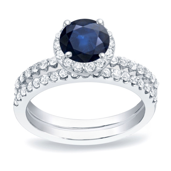 Blue Sapphire and Round Diamond Bridal Ring Set with 1/2ct and 3/4ct TDW in Yaffie Gold