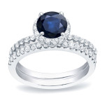 Blue Sapphire and Round Diamond Bridal Ring Set with 1/2ct and 3/4ct TDW in Yaffie Gold