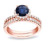 Blue Sapphire and Round Diamond Bridal Ring Set with 1/2ct and 3/4ct TDW in Yaffie Gold