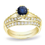 Blue Sapphire and Round Diamond Bridal Ring Set with 1/2ct and 3/4ct TDW in Yaffie Gold