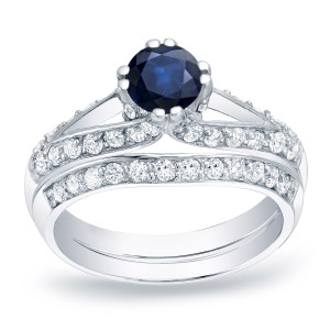 Blue Sapphire and Round Diamond Bridal Ring Set with 1/2ct and 3/4ct TDW in Yaffie Gold