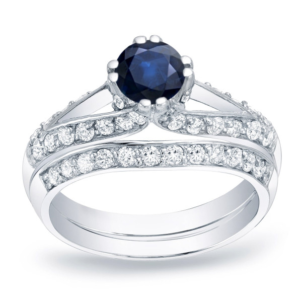 Blue Sapphire and Round Diamond Bridal Ring Set with 1/2ct and 3/4ct TDW in Yaffie Gold