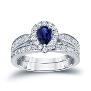Blue Sapphire and Diamond Bridal Ring Set with Yaffie Gold - 1/2ct Pear Shaped Glamour