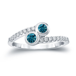 Blue Diamond Engagement Ring with 2 Round Cut Stones, Half Carat TDW - Yaffie Gold