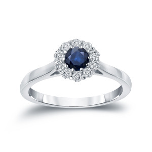 Blue Sapphire and Diamond Halo Engagement Ring by Yaffie Gold (1/3ct sapphire, 1/5ct TDW)