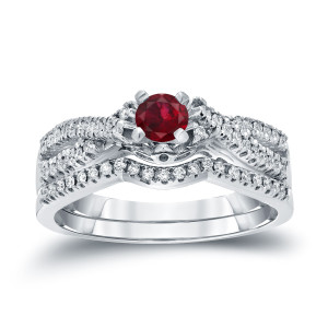 Braided Bridal Ring Set: Yaffie Gold with 1/4ct Ruby and Sparkling 1/4ct TDW Diamonds