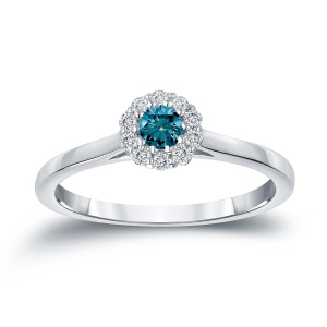 Sparkling Yaffie Gold Halo Ring with 1/4ct TDW Round-cut Blue Diamond for Your Engagement