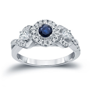 Sapphire Sparkle: 1/2ct TDW Diamond & 1/5ct Blue Sapphire Engagement Ring by Yaffie Gold