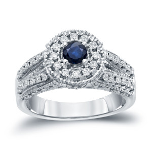 Sapphire and Diamond Halo Engagement Ring in Yaffie Gold, 0.2ct Gemstone, and 0.5ct Total Diamond Weight