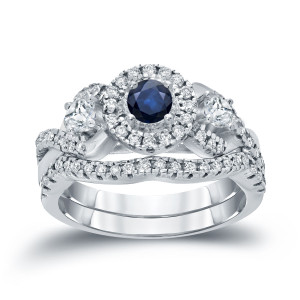 Braided Bridal Ring Set with Blue Sapphire and Sparkling Diamonds, by Yaffie Gold