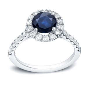Engage in Style with Blue Sapphire and Diamond Halo Ring, Yaffie Gold 1ct Total Weight