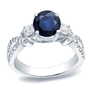 Gold Ring with Blue Sapphire and Round Diamond Totaling 1.5ct for Engagement by Yaffie