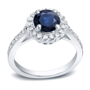 1ct Blue Sapphire & 1/3ct TDW Diamond Halo Engagement Ring in Yaffie Gold