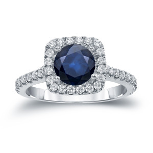 Blue Sapphire & Diamond Halo Engagement Ring with Yaffie Gold - 1ct & 2/5ct TDW.